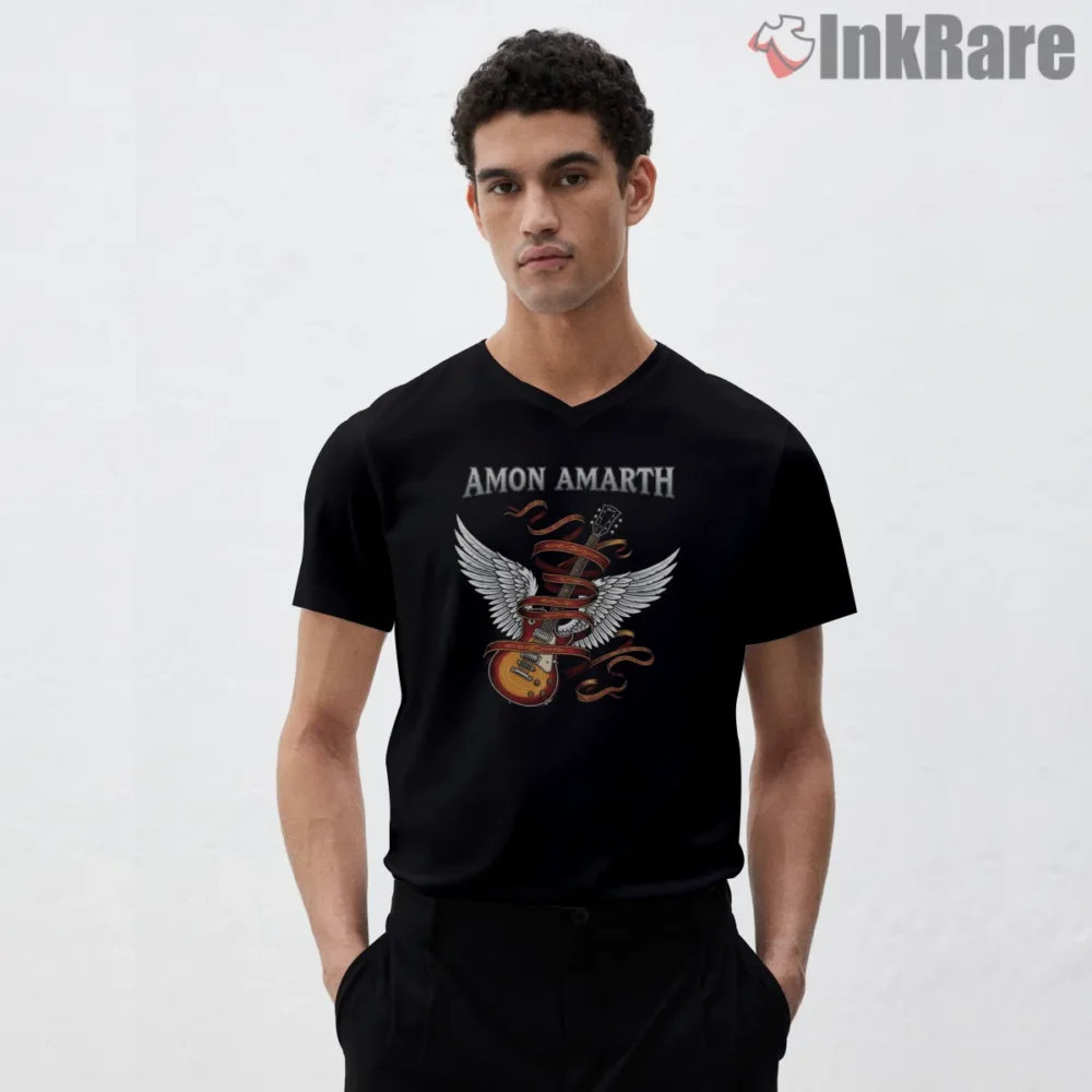 Amon Amarth Winged Guitar Serpent Ribbon Shirt on black v-neck shirt for men graphic tee
