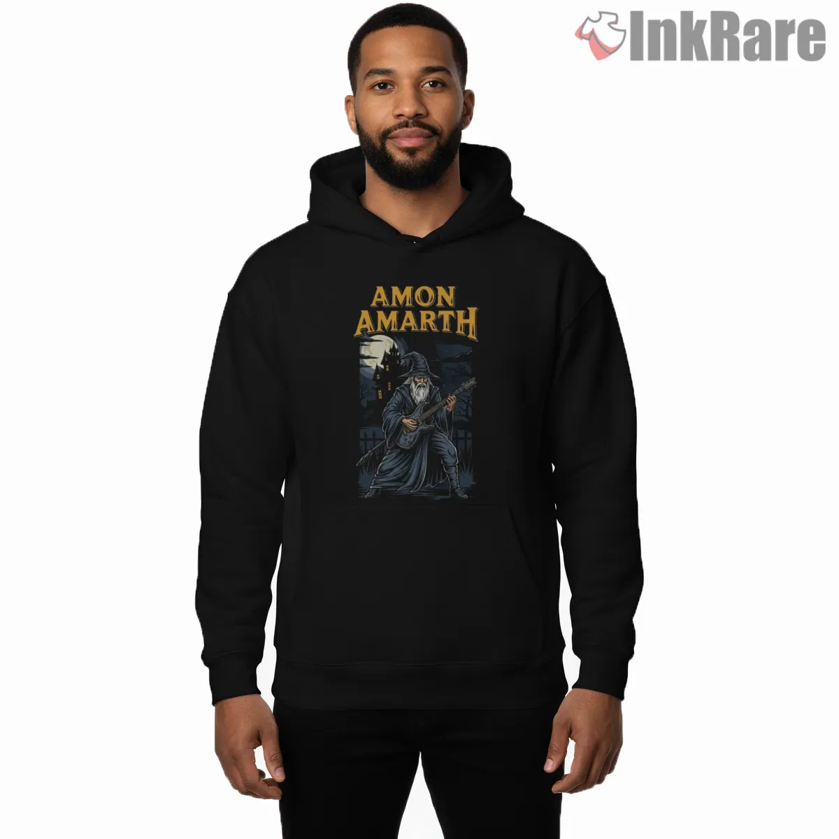 Amon Amarth Wizard Guitar Spellcaster Shirt on black hoodie for men graphic tee