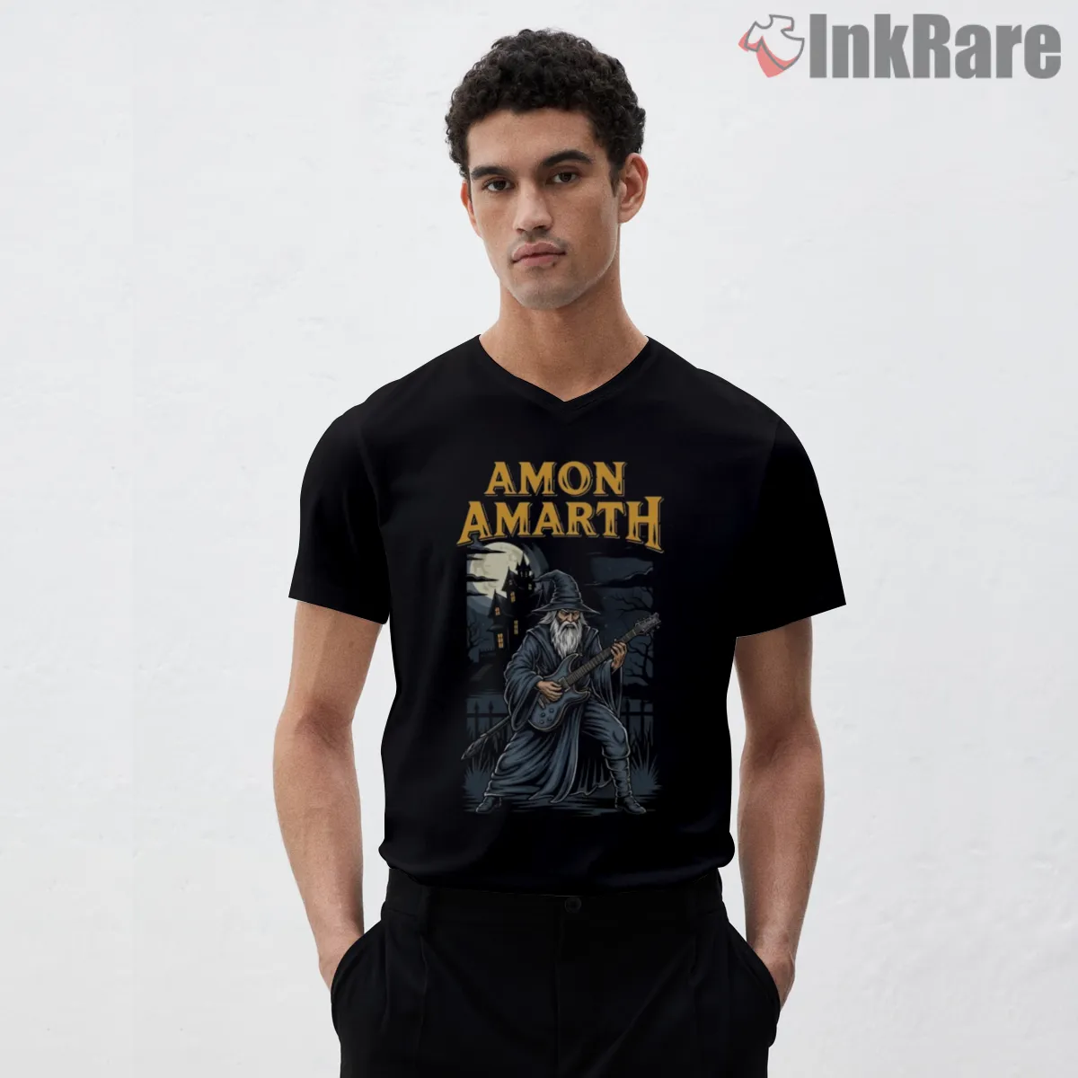 Amon Amarth Wizard Guitar Spellcaster V Neck Black Amon Amarth Wizard Guitar Spellcaster Shirt on black v-neck shirt for men graphic tee