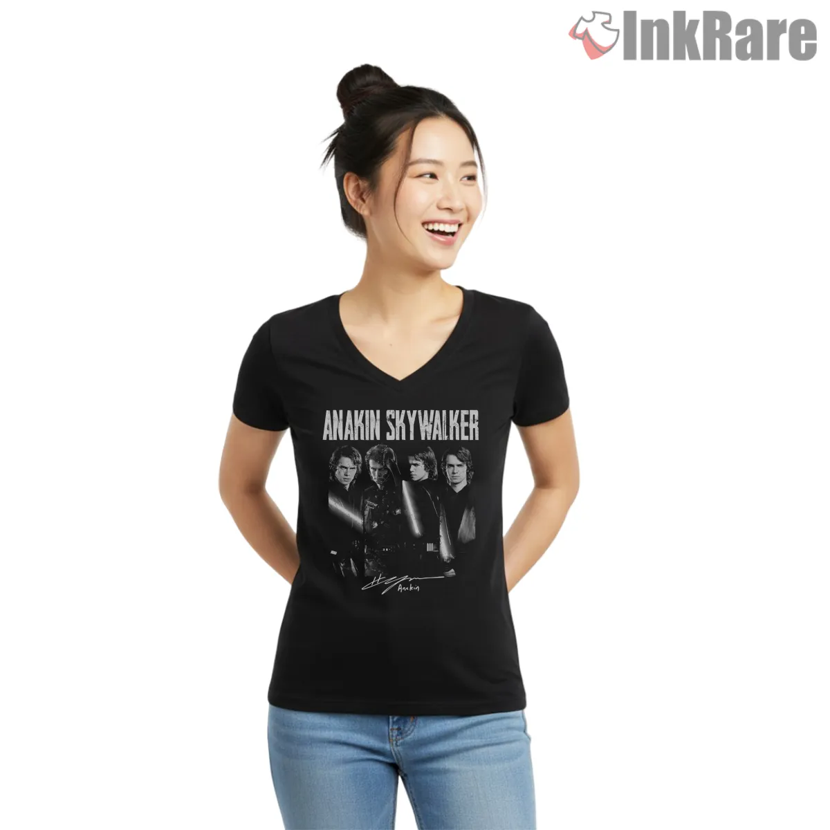 Anakin Skywalker Retro 90s Portrait V Neck Black Anakin Skywalker Retro 90s Portrait Shirt on black v-neck shirt for women graphic tee