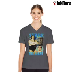 Women’s Andre The Giant Bootleg V-Neck Tee in charcoal | Chic Neckline, Soft Texture