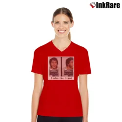 Women’s Andre The Giant Wrestler Mug Shot V-Neck Tee in red | Chic Neckline, Soft Texture