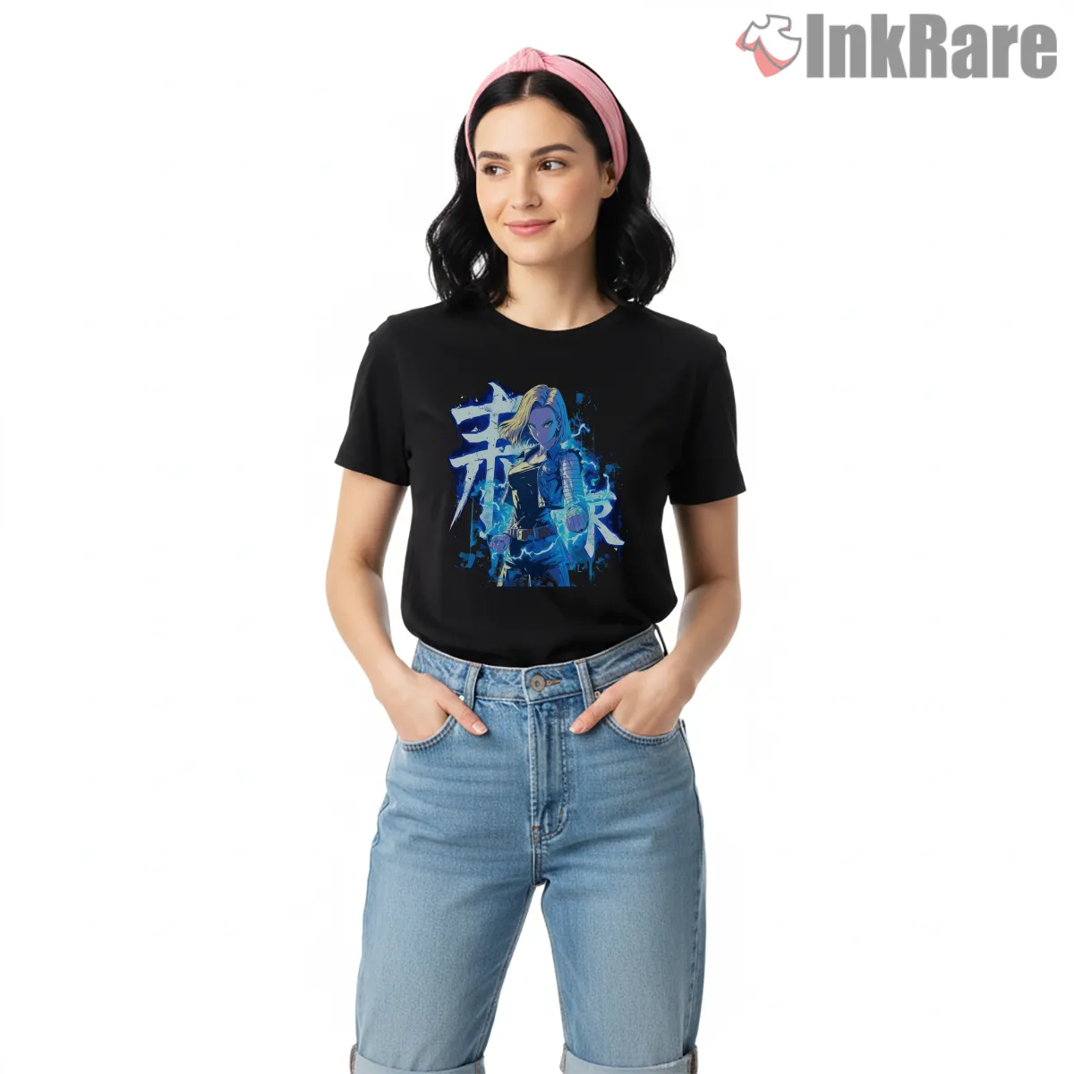 Android 18 Electric Blue Kanji Aura Shirt on black short sleeve shirt for women graphic tee