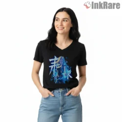 Android 18 Electric Blue Kanji Aura Shirt on black v-neck shirt for women graphic tee