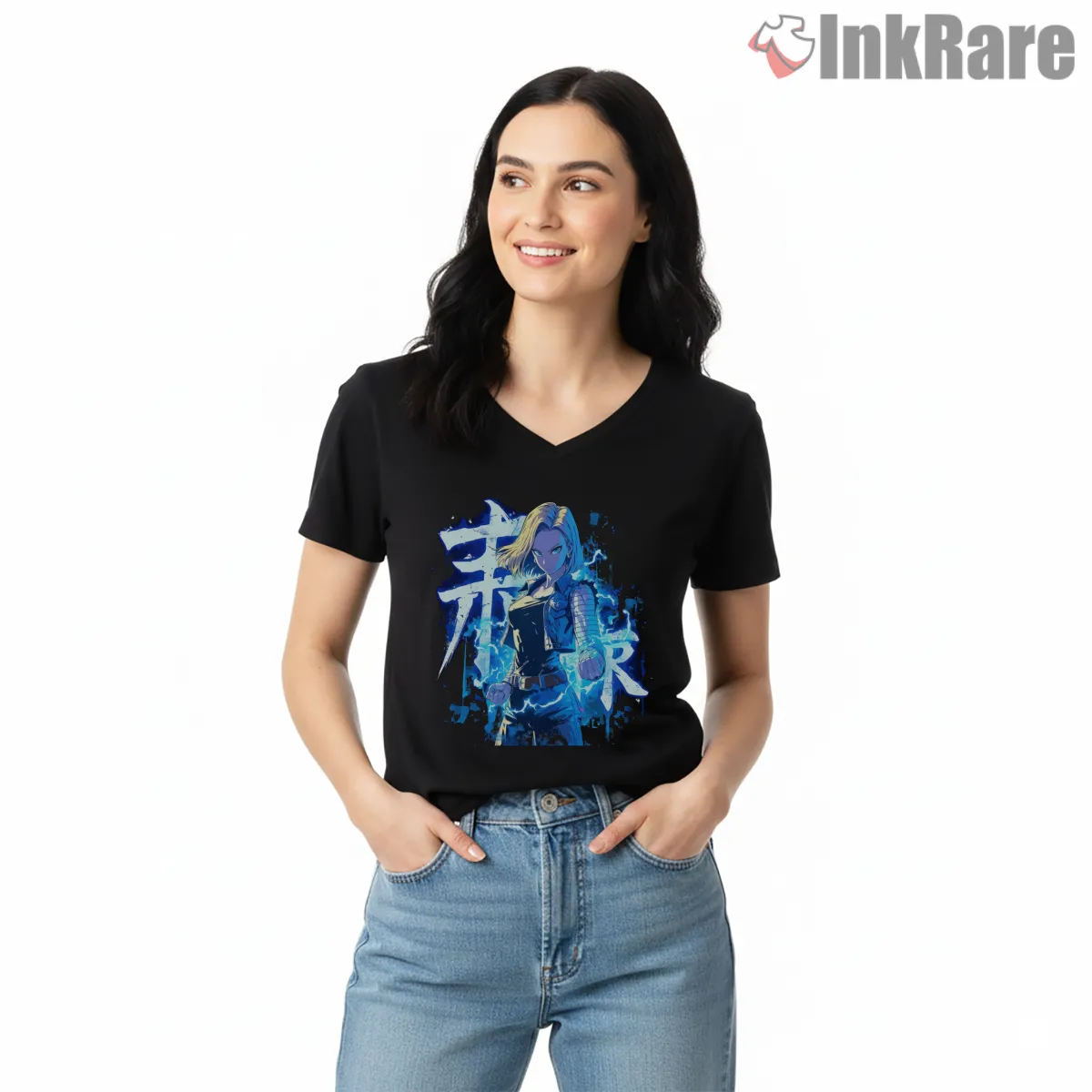 Android 18 Electric Blue Kanji Aura V Neck Black Android 18 Electric Blue Kanji Aura Shirt on black v-neck shirt for women graphic tee