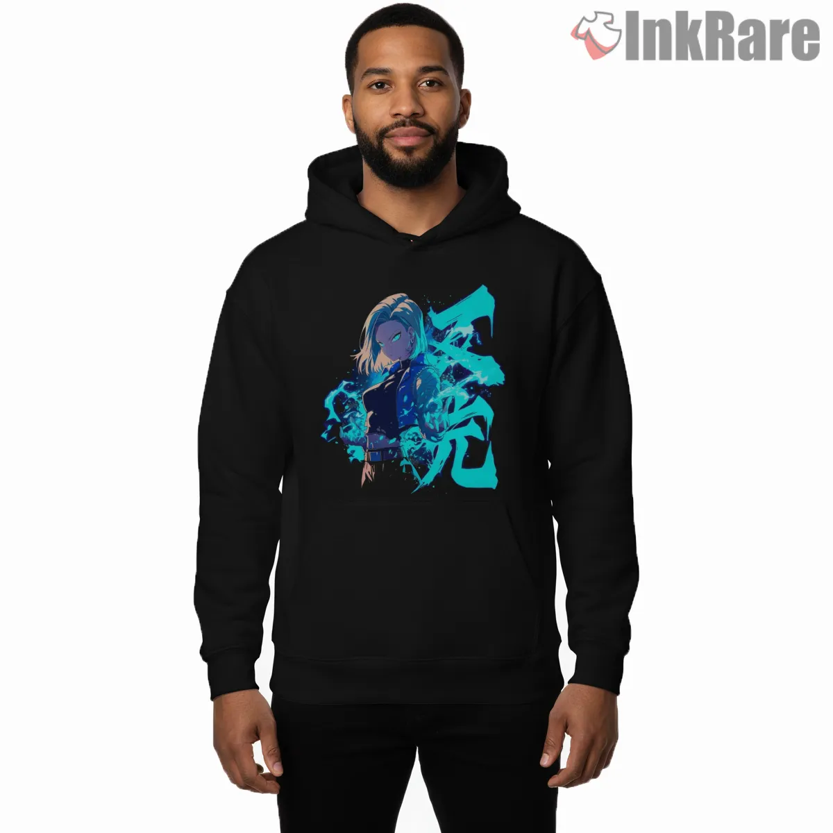 Android 18 Electric Blue Spirit Aura Hoodie Black Android 18 Electric Blue Spirit Aura Shirt on black hoodie for men graphic tee