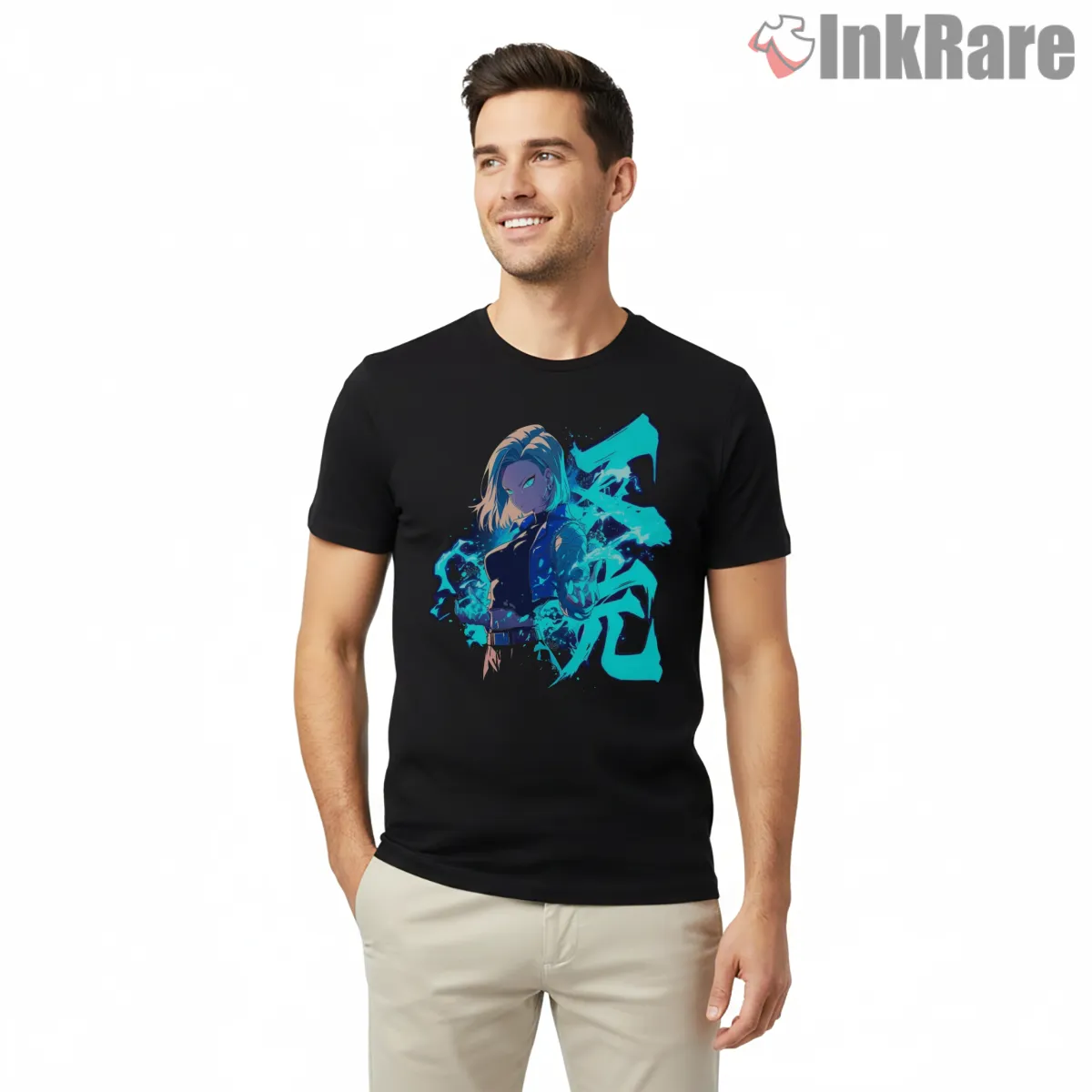 Android 18 Electric Blue Spirit Aura Shirt on black short sleeve shirt for men graphic tee