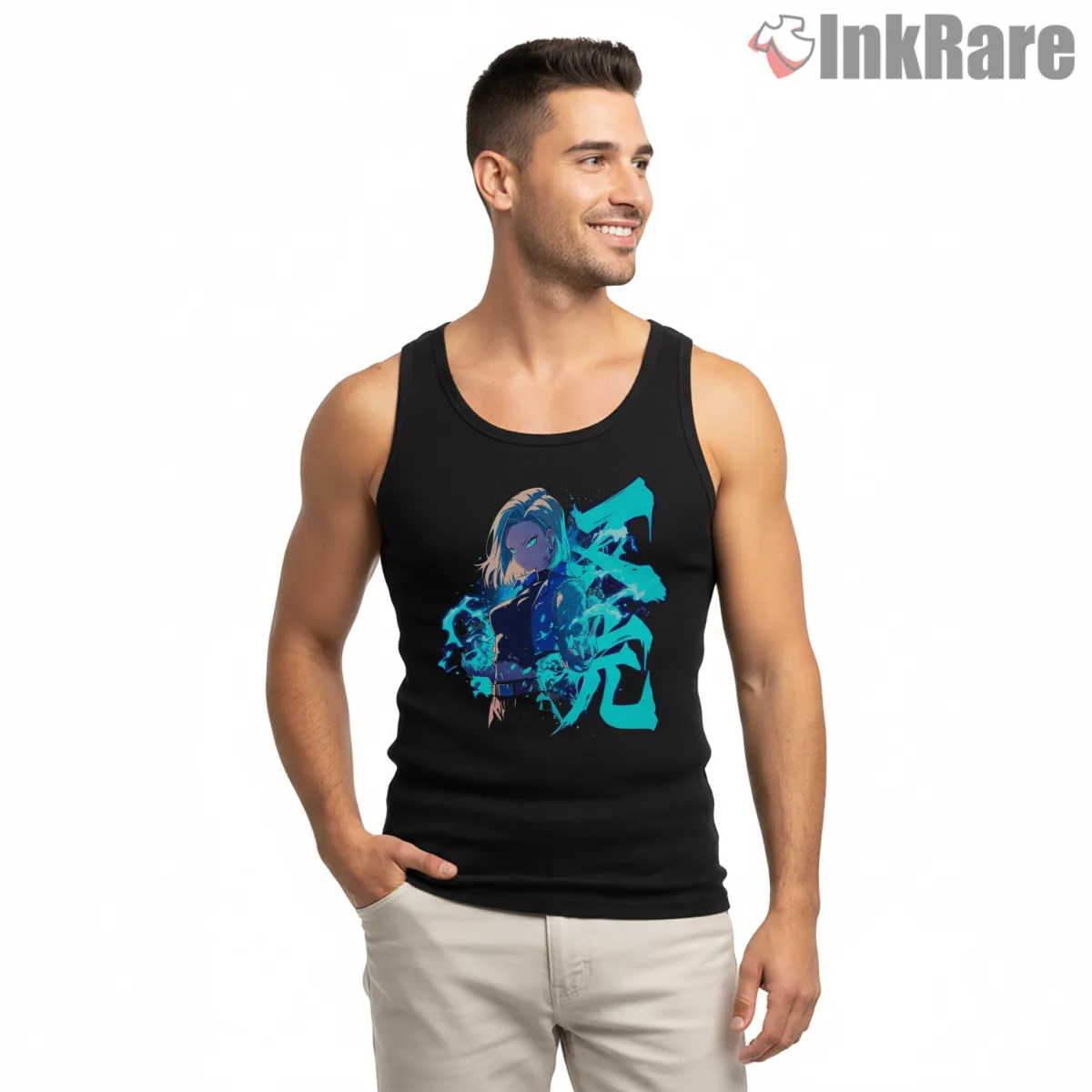 Android 18 Electric Blue Spirit Aura Tank Top Black Android 18 Electric Blue Spirit Aura Shirt on black tank top for men graphic tee