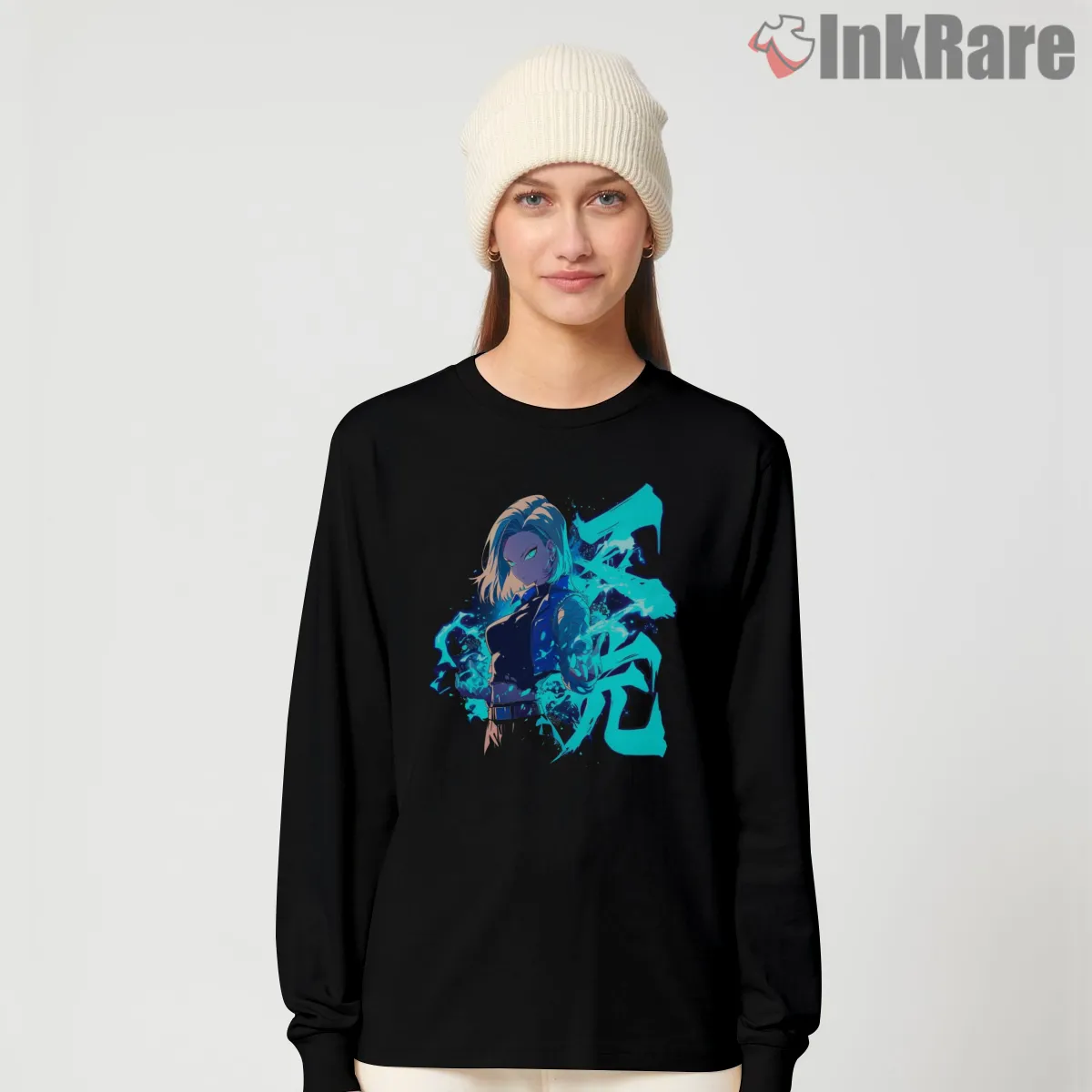 Android 18 Electric Blue Spirit Aura Long Sleeve Black Android 18 Electric Blue Spirit Aura Shirt on black long sleeve shirt for women graphic tee