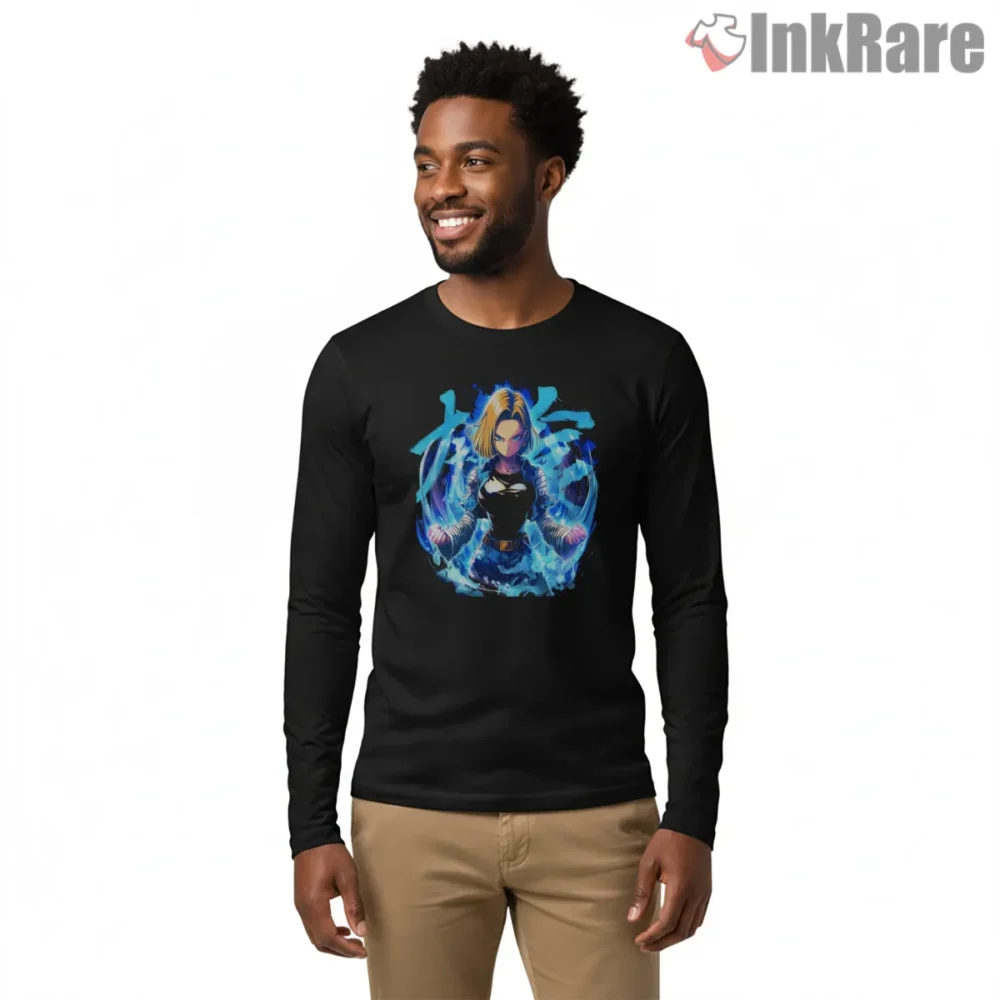 Android 18 Lightning Aura Warrior Shirt on black long sleeve shirt for men graphic tee