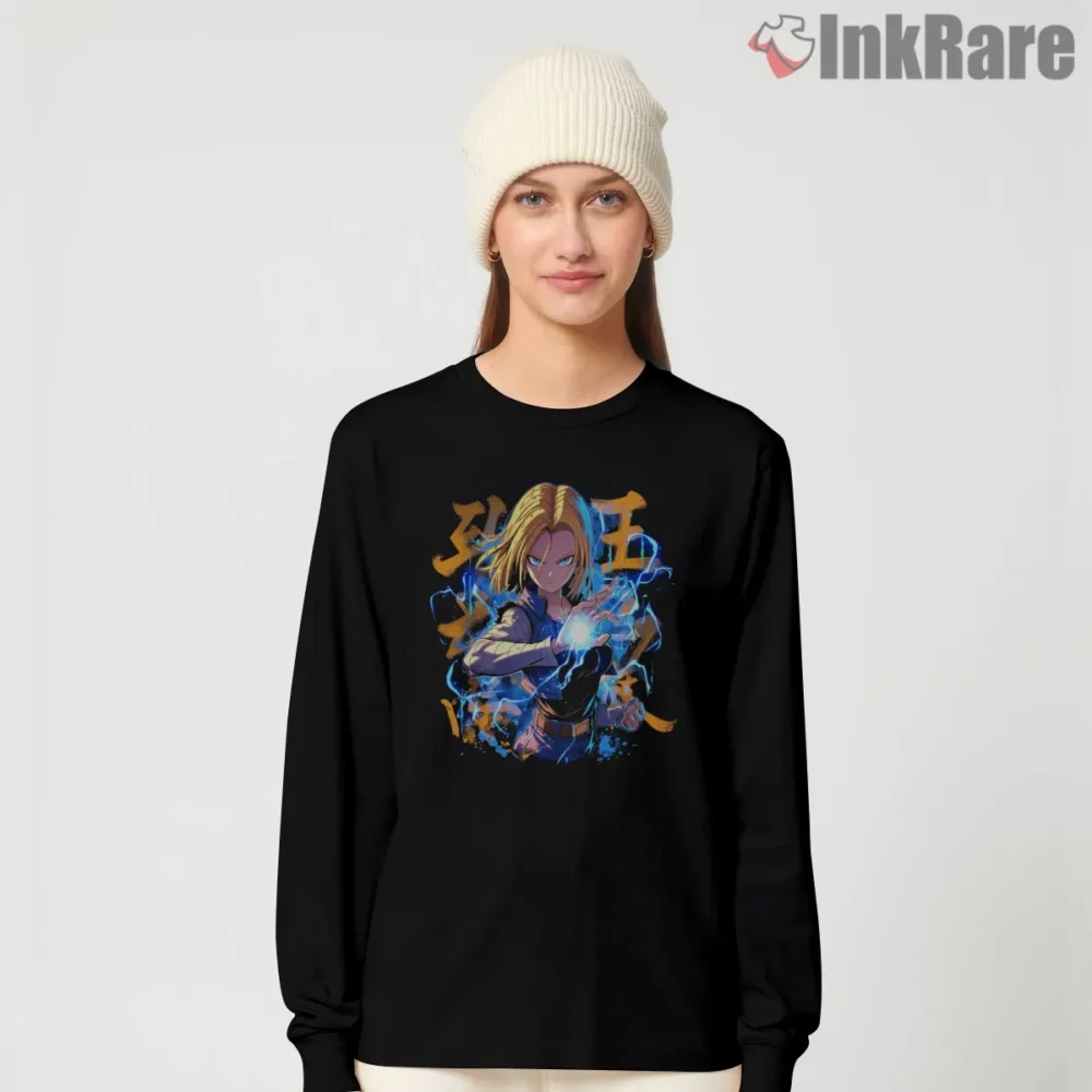 Android 18 Lightning Strike Attitude Shirt on black long sleeve shirt for women graphic tee