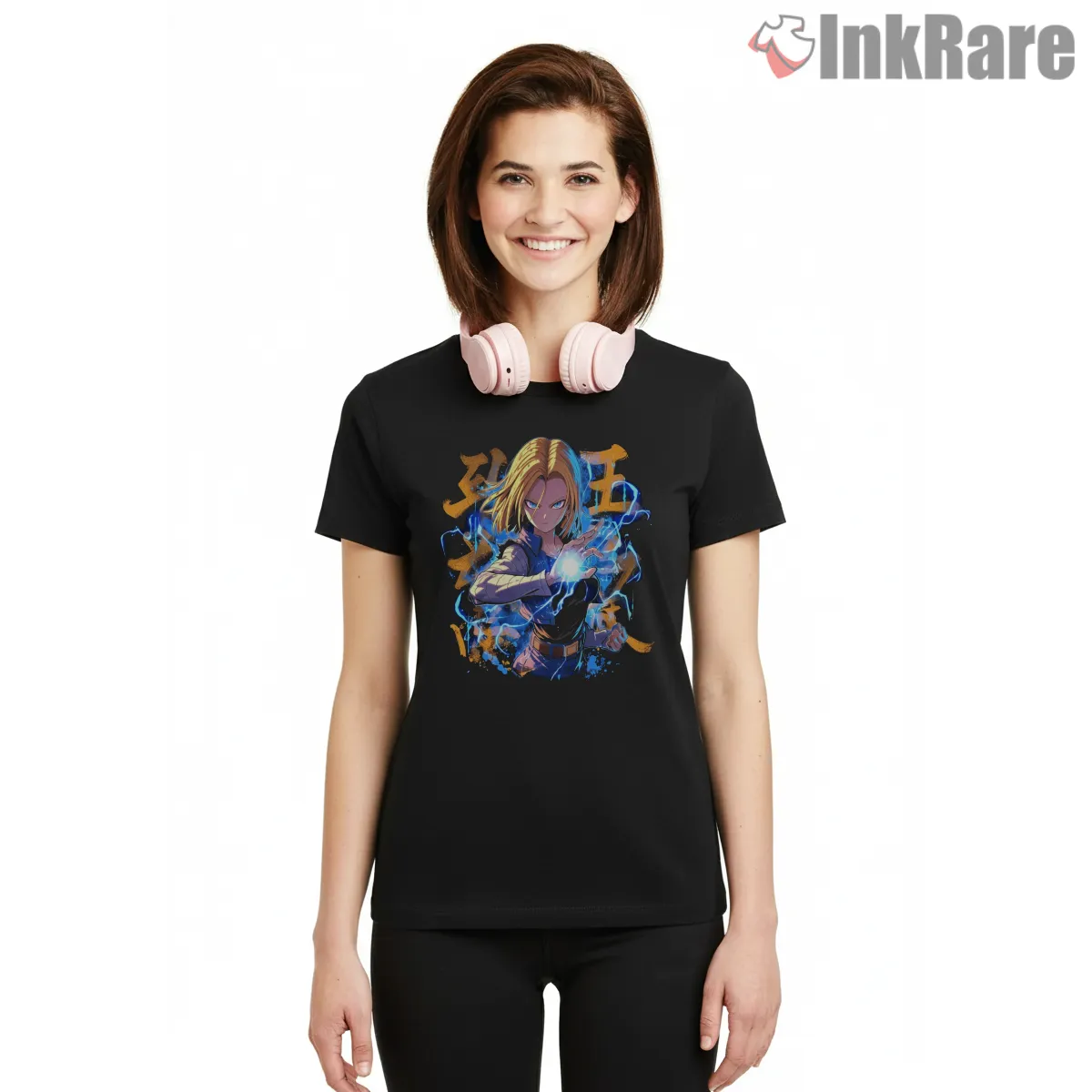 Android 18 Lightning Strike Attitude Shirt on black short sleeve shirt for women graphic tee