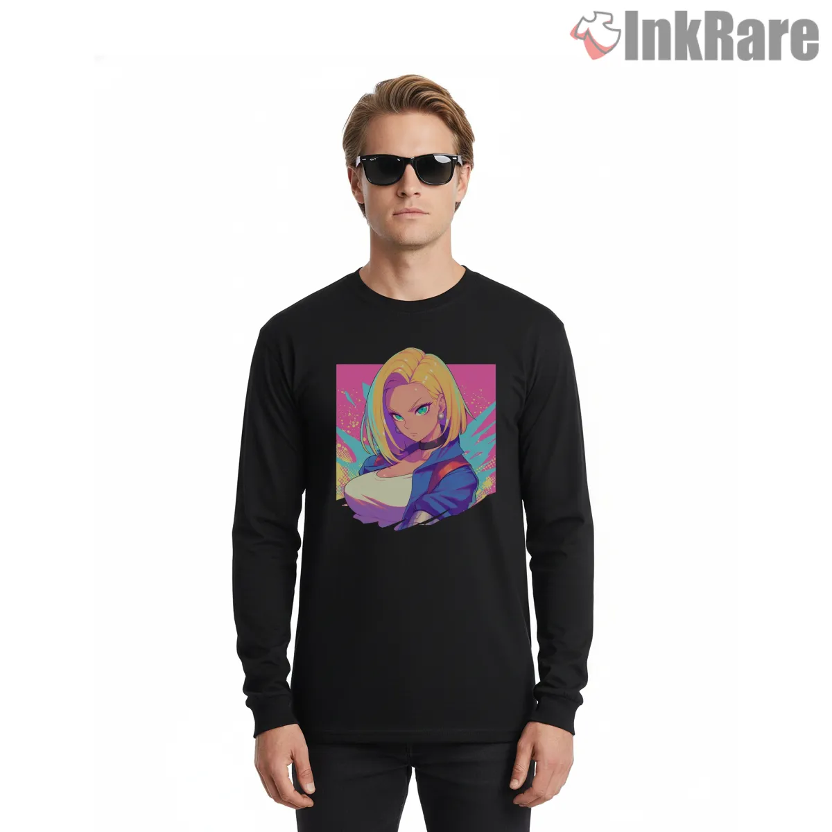 Android 18 Neon Pop Portrait Shirt on black long sleeve shirt for men graphic tee