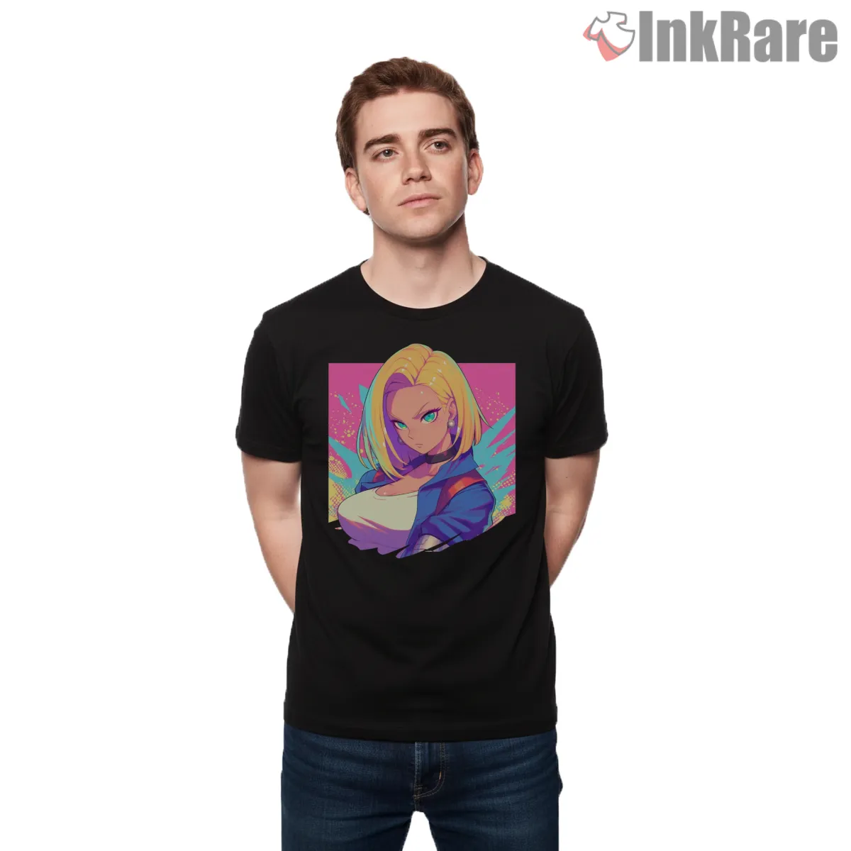 Android 18 Neon Pop Portrait Short Sleeve Black Android 18 Neon Pop Portrait Shirt on black short sleeve shirt for men graphic tee