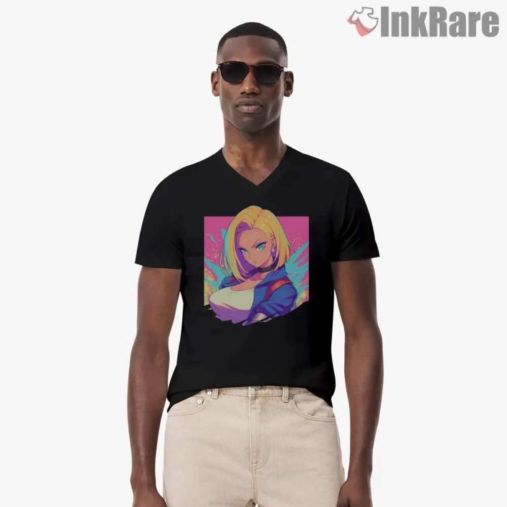 Android 18 Neon Pop Portrait Shirt on black v-neck shirt for men graphic tee