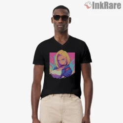 Android 18 Neon Pop Portrait Shirt on black v-neck shirt for men graphic tee