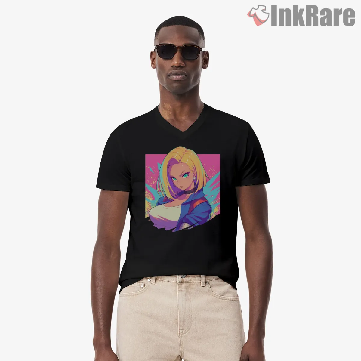 Android 18 Neon Pop Portrait V Neck Black Android 18 Neon Pop Portrait Shirt on black v-neck shirt for men graphic tee
