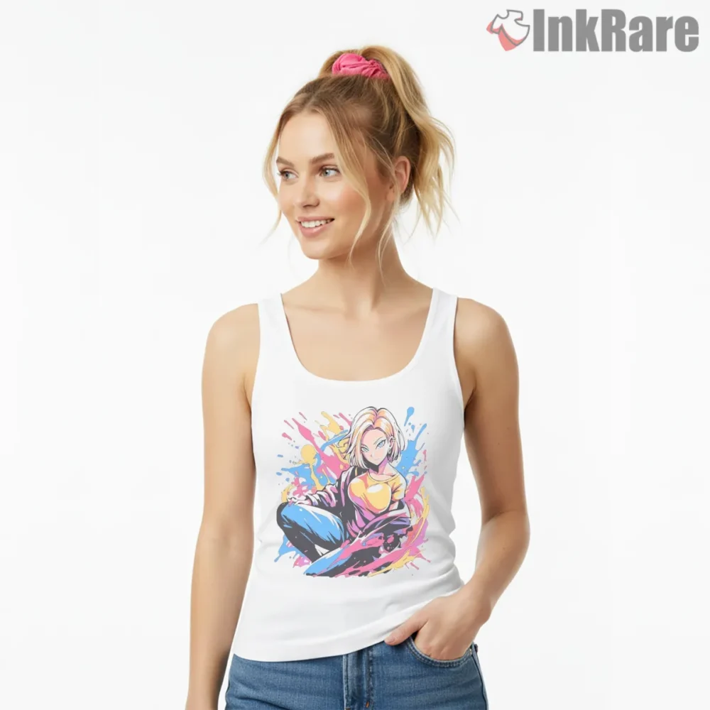 Android 18 Street Style Splash Art Shirt on white tank top for women graphic tee