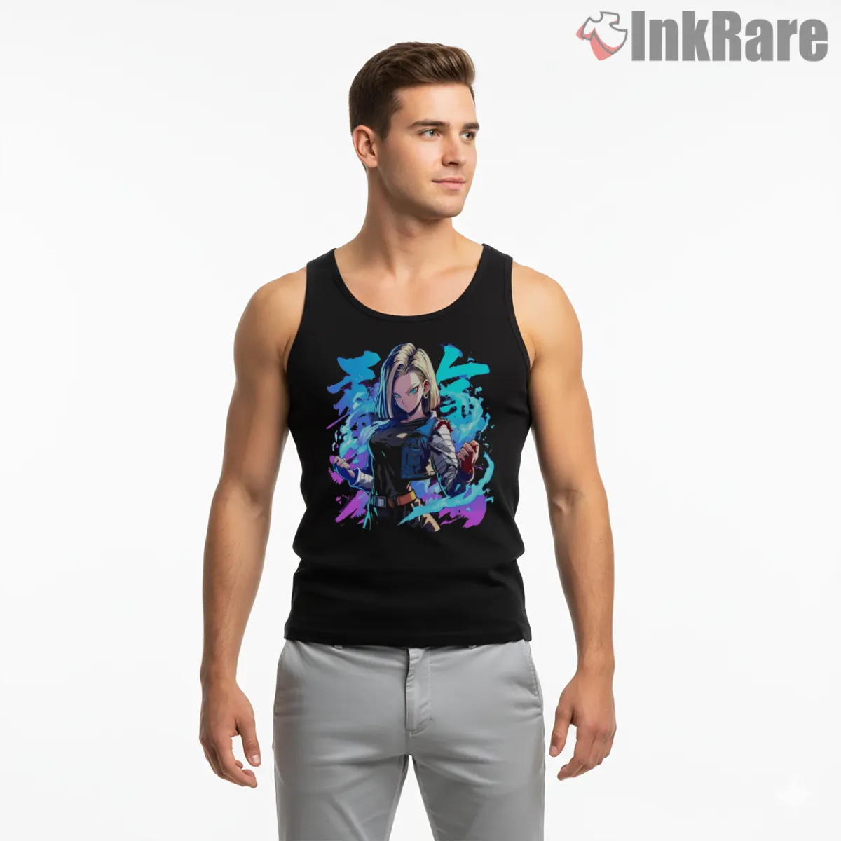 Android Eighteen Blue Aura Battle Shirt on black tank top for men graphic tee