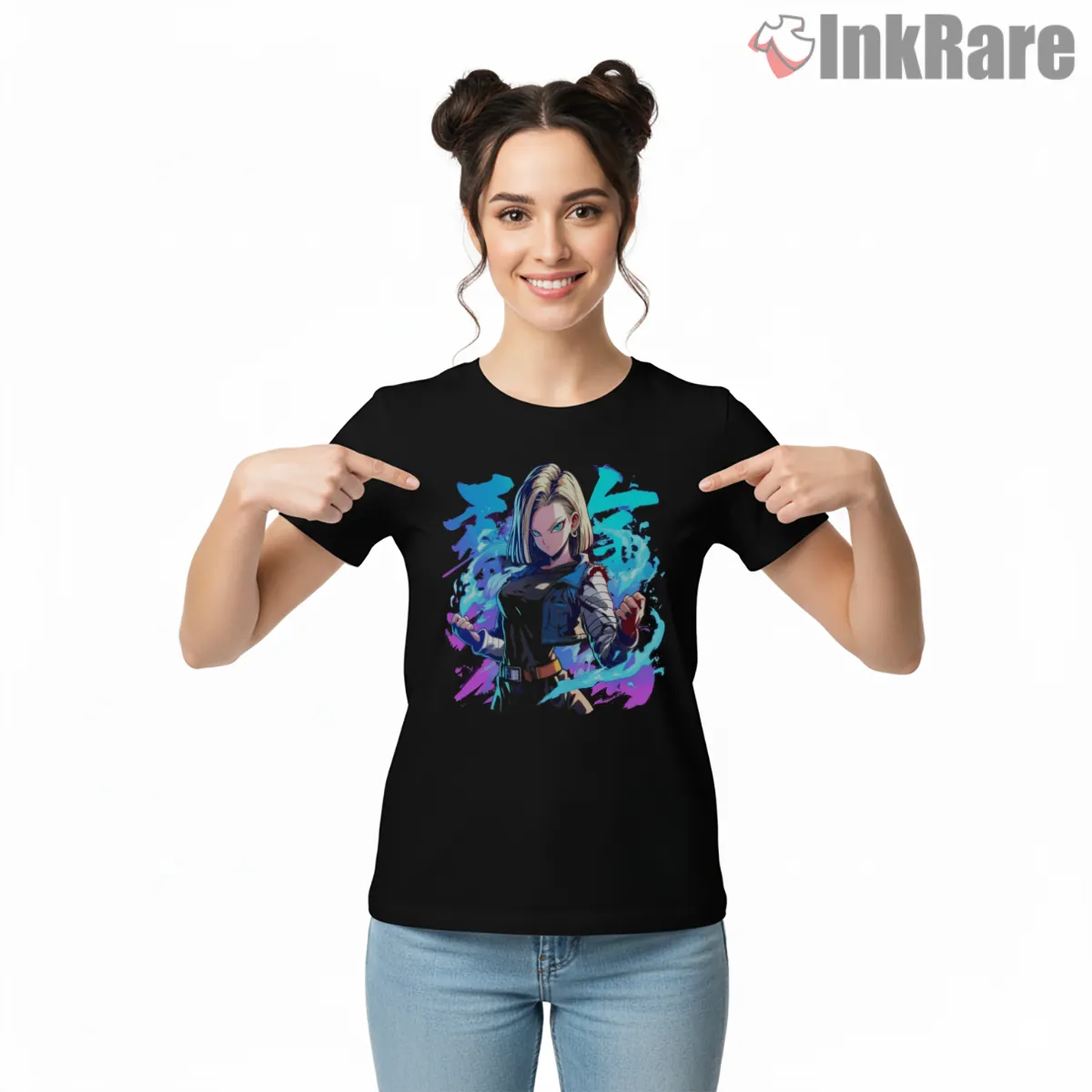 Android Eighteen Blue Aura Battle Short Sleeve Black Android Eighteen Blue Aura Battle Shirt on black short sleeve shirt for women graphic tee