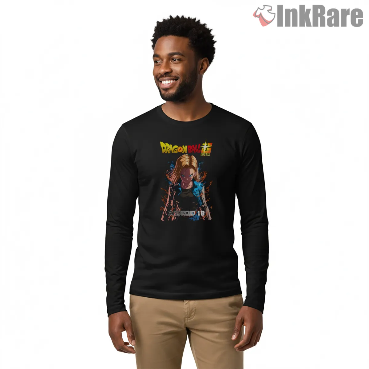 Android Eighteen Dragon Ball Super Energy Long Sleeve Black Android Eighteen Dragon Ball Super Energy Shirt on black long sleeve shirt for men graphic tee