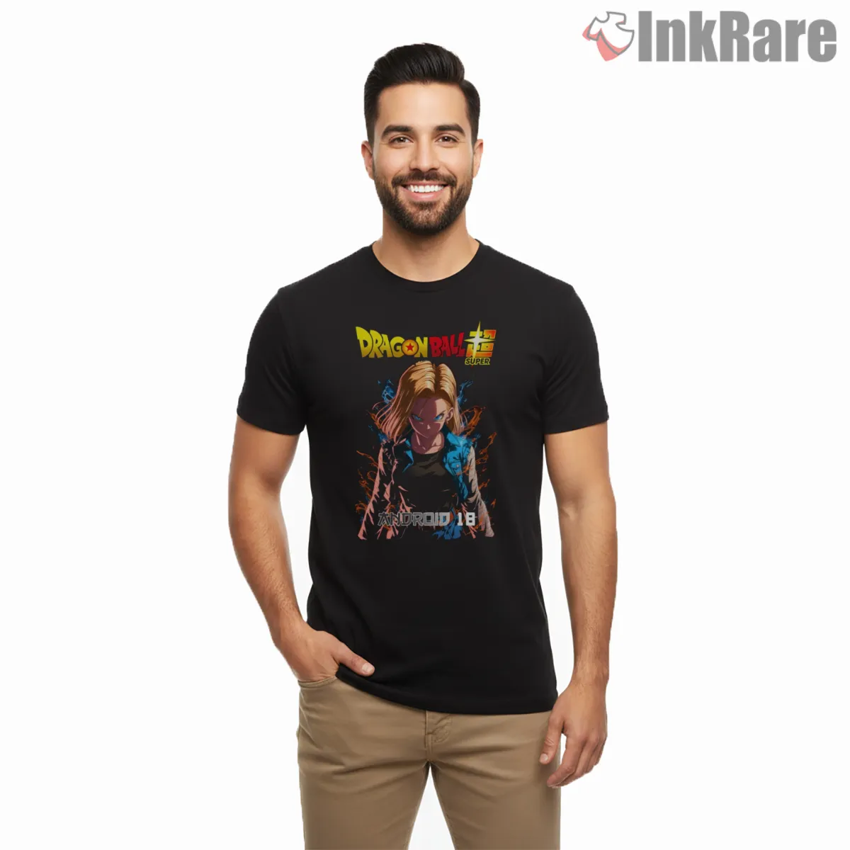 Android Eighteen Dragon Ball Super Energy Shirt on black short sleeve shirt for men graphic tee