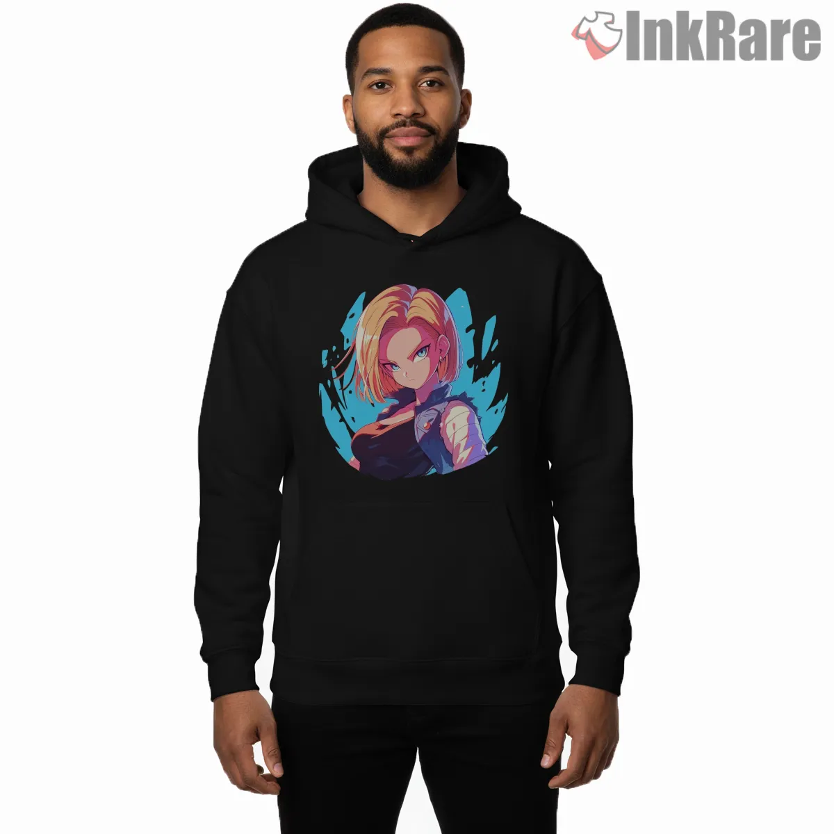 Android Eighteen Neon Portrait Circle Art Shirt on black hoodie for men graphic tee