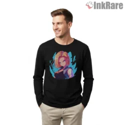 Android Eighteen Neon Portrait Circle Art Shirt on black long sleeve shirt for men graphic tee