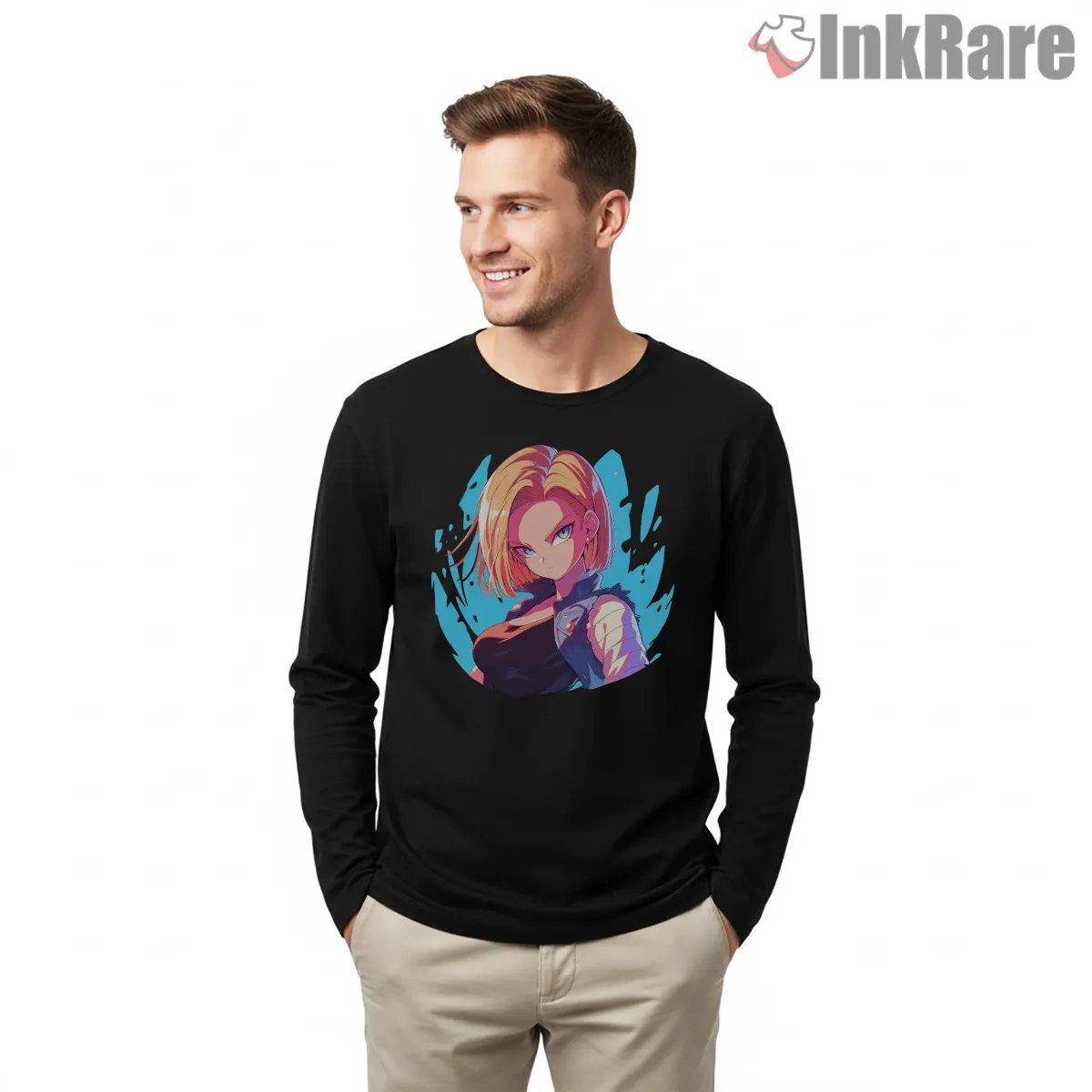 Android Eighteen Neon Portrait Circle Art Long Sleeve Black Android Eighteen Neon Portrait Circle Art Shirt on black long sleeve shirt for men graphic tee