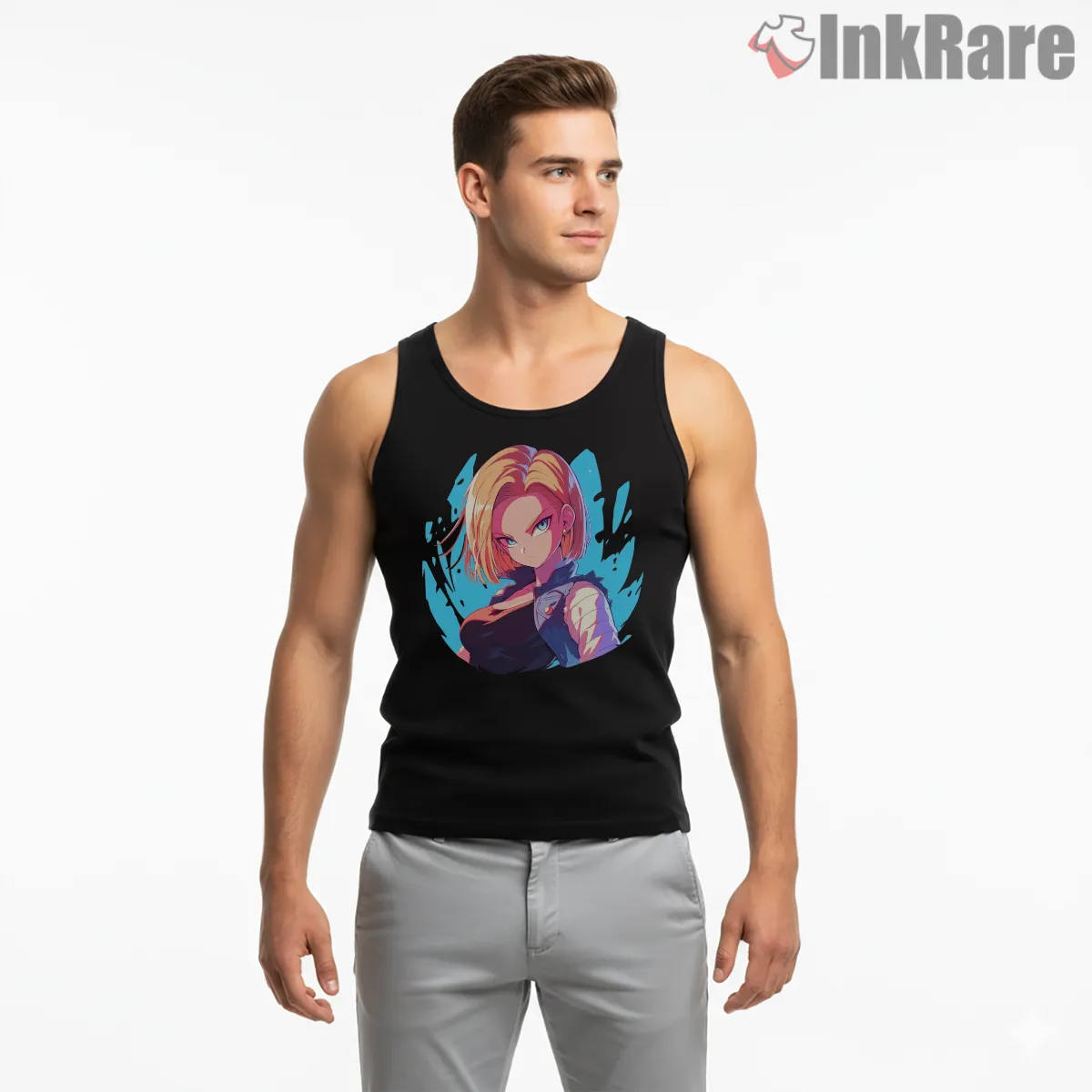 Android Eighteen Neon Portrait Circle Art Tank Top Black Android Eighteen Neon Portrait Circle Art Shirt on black tank top for men graphic tee