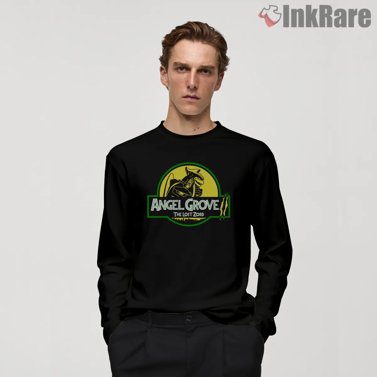 Angel Grove Lost Zord Adventure Emblem Shirt on black long sleeve shirt for men graphic tee