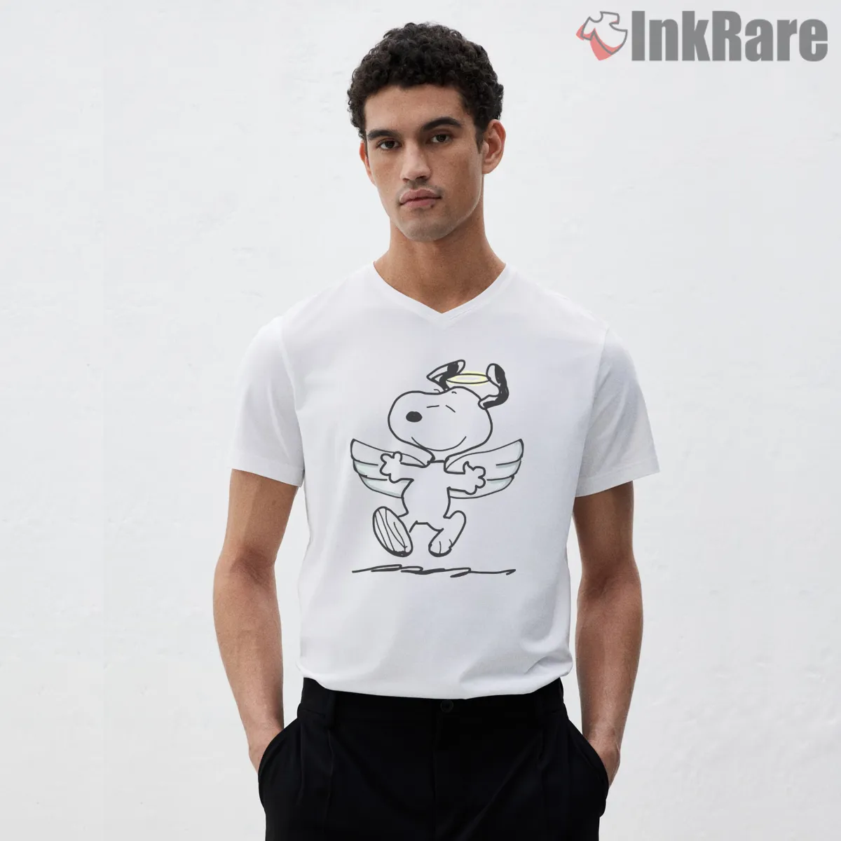 Angel Snoopy Wings And Halo Shirt on white v-neck shirt for men graphic tee