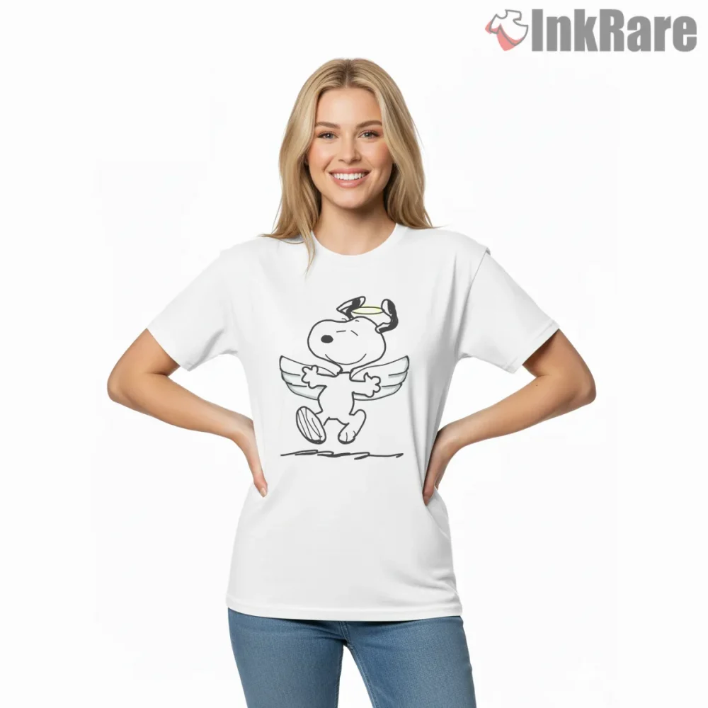 Angel Snoopy Wings And Halo Shirt on white short sleeve shirt for women graphic tee