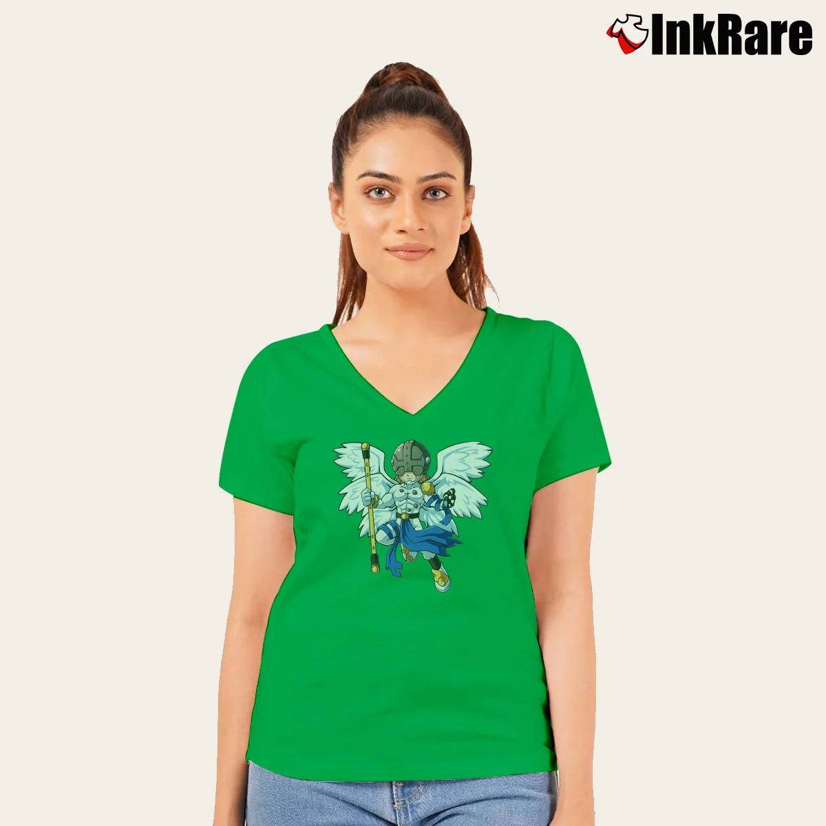 Women’s Angemon Digimon V-Neck Tee in irish green | Chic Neckline, Soft Texture