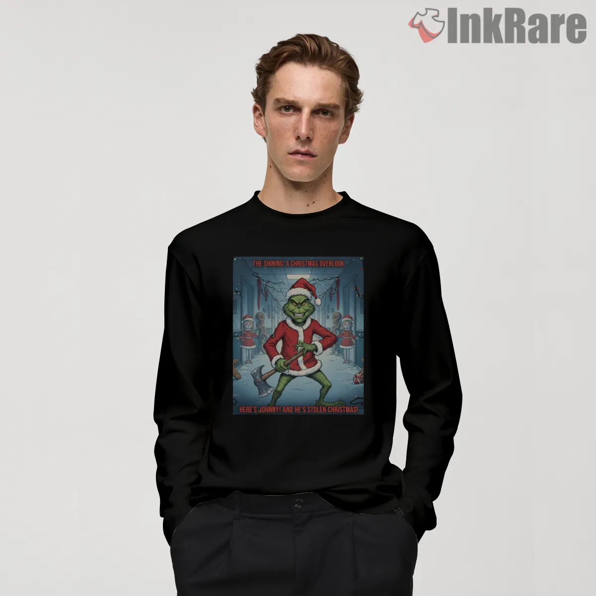 Angry Holiday Grinch Axe Parody Shirt on black long sleeve shirt for men graphic tee