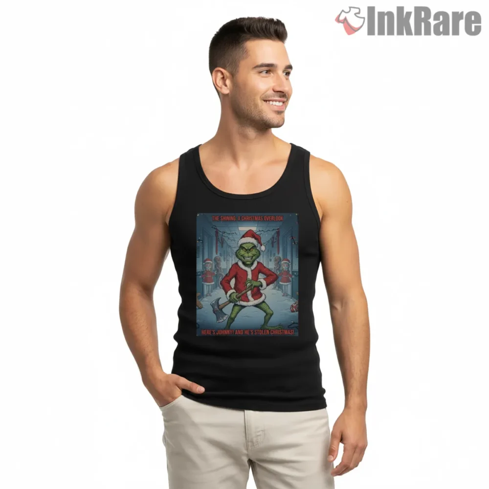 Angry Holiday Grinch Axe Parody Shirt on black tank top for men graphic tee