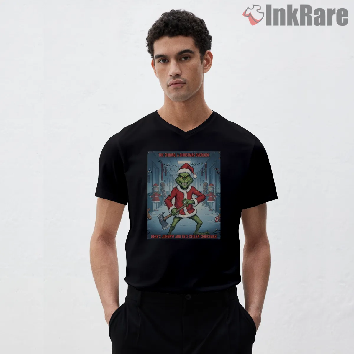 Angry Holiday Grinch Axe Parody V Neck Black Angry Holiday Grinch Axe Parody Shirt on black v-neck shirt for men graphic tee