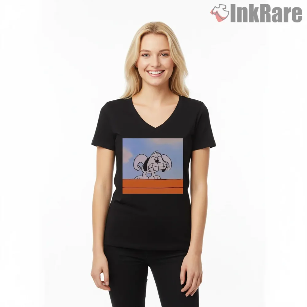 Angry Snoopy Expression Minimal Graphic Shirt on black v-neck shirt for women graphic tee