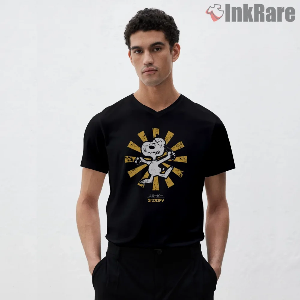 Angry Snoopy Retro Japanese Style Graphic Shirt on black v-neck shirt for men graphic tee