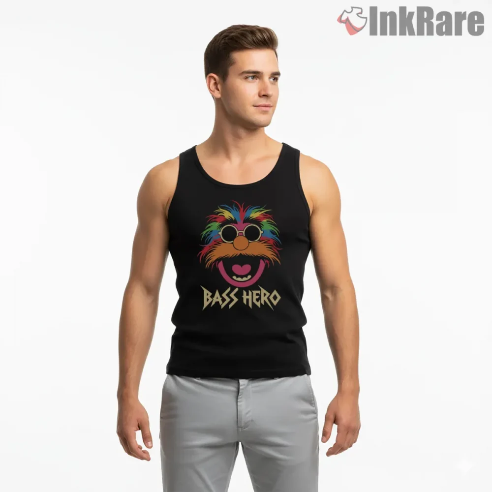 Animal Bass Hero Rock Band Parody Guitar Style Shirt on black tank top for men graphic tee