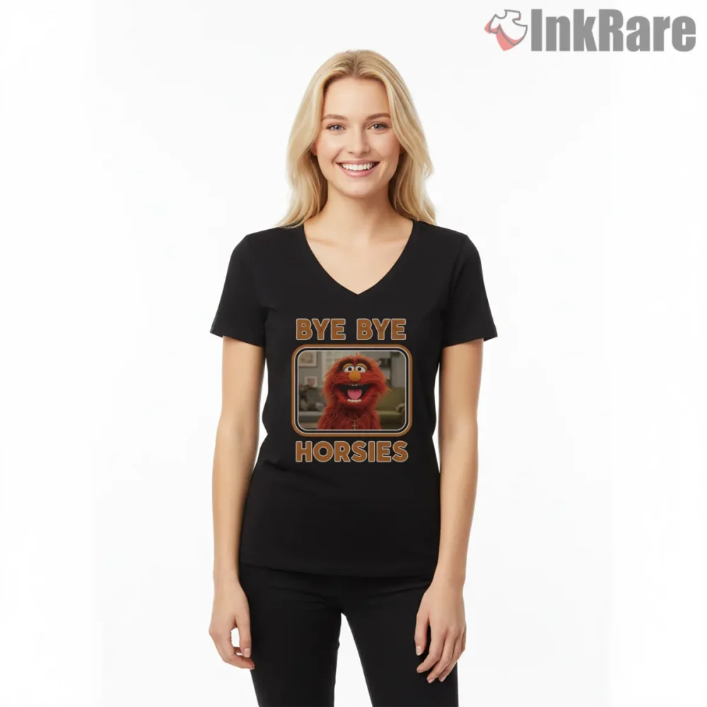 Animal Bye Bye Horsies Funny Meme Cartoon Frame Shirt on black v-neck shirt for women graphic tee