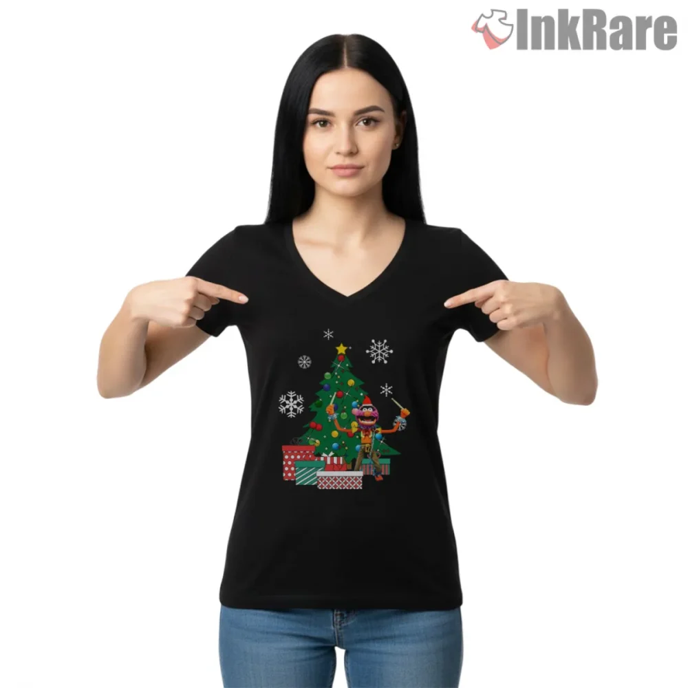 Animal Christmas Tree Festive Cartoon Holiday Scene Shirt on black v-neck shirt for women graphic tee