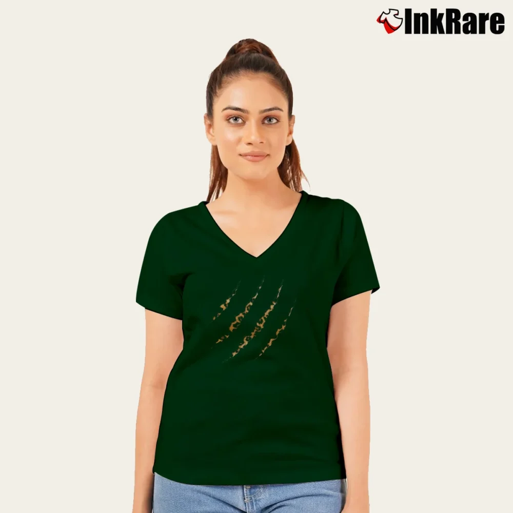 Women’s Animal Claw Leopard Skin V-Neck Tee in forest green | Chic Neckline, Soft Texture