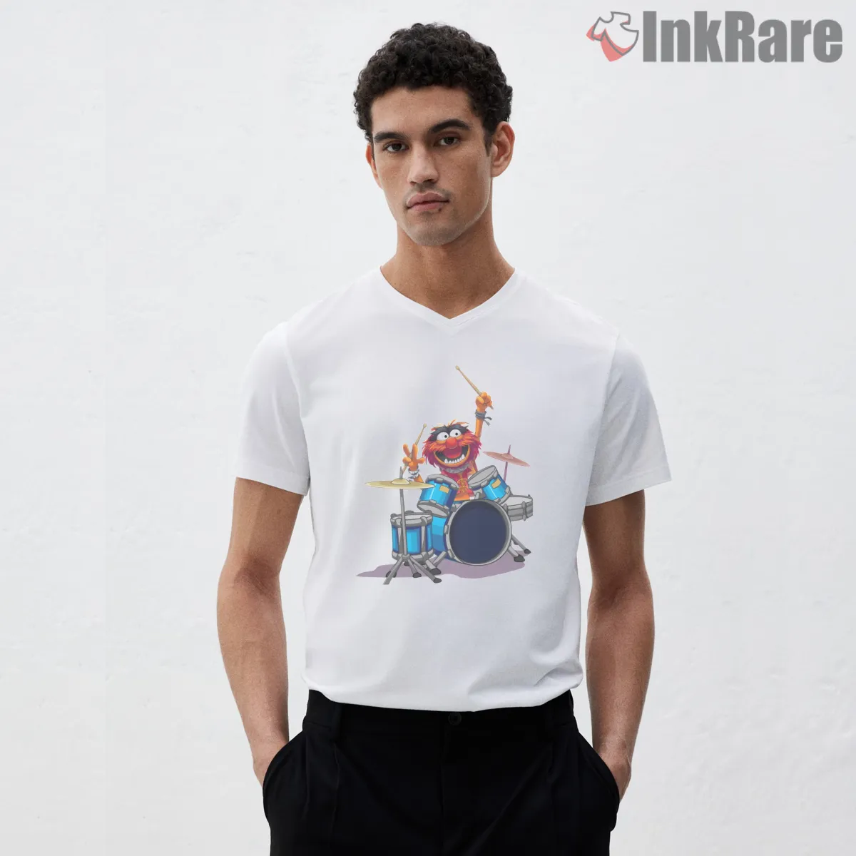 Animal Drummer Classic Muppets Show Performance V Neck White Animal Drummer Classic Muppets Show Performance Shirt on white v-neck shirt for men graphic tee