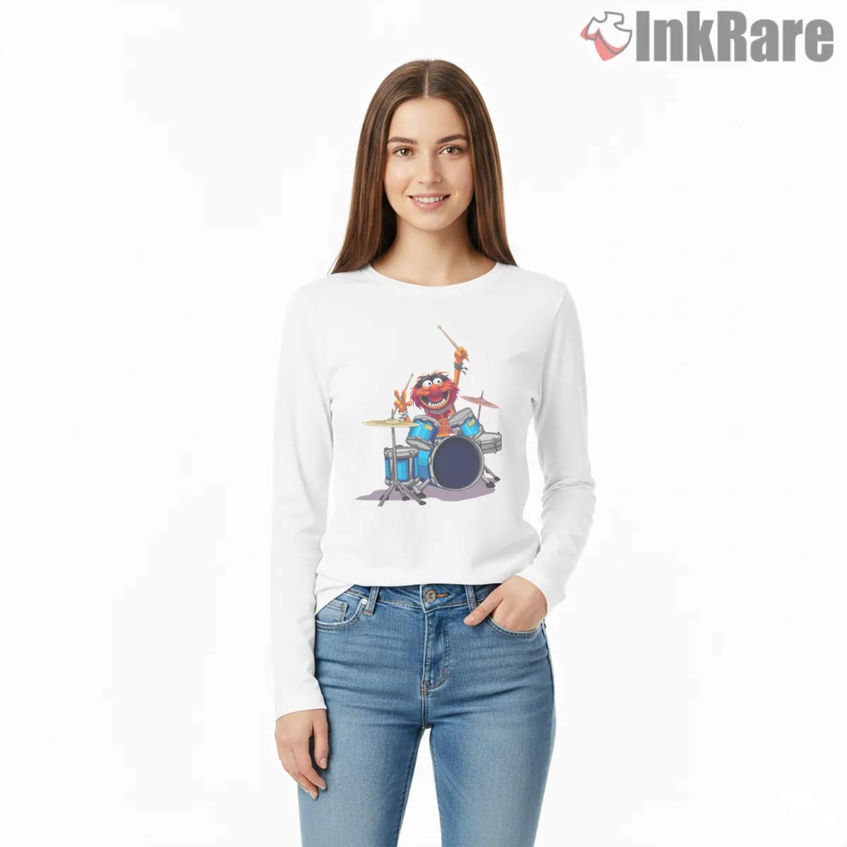 Animal Drummer Classic Muppets Show Performance Long Sleeve White Animal Drummer Classic Muppets Show Performance Shirt on white long sleeve shirt for women graphic tee