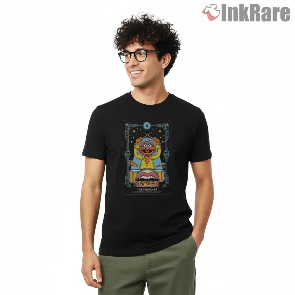 Animal Drummer Tarot Card Style Eat Drums Graphic Shirt on black short sleeve shirt for men graphic tee