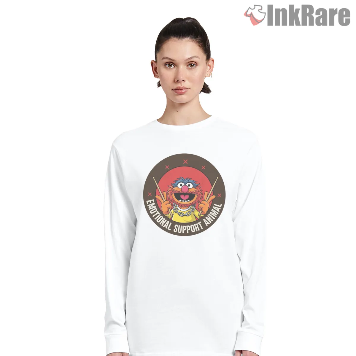Animal Emotional Support Rock Star Circle Badge Long Sleeve White Animal Emotional Support Rock Star Circle Badge Shirt on white long sleeve shirt for women graphic tee