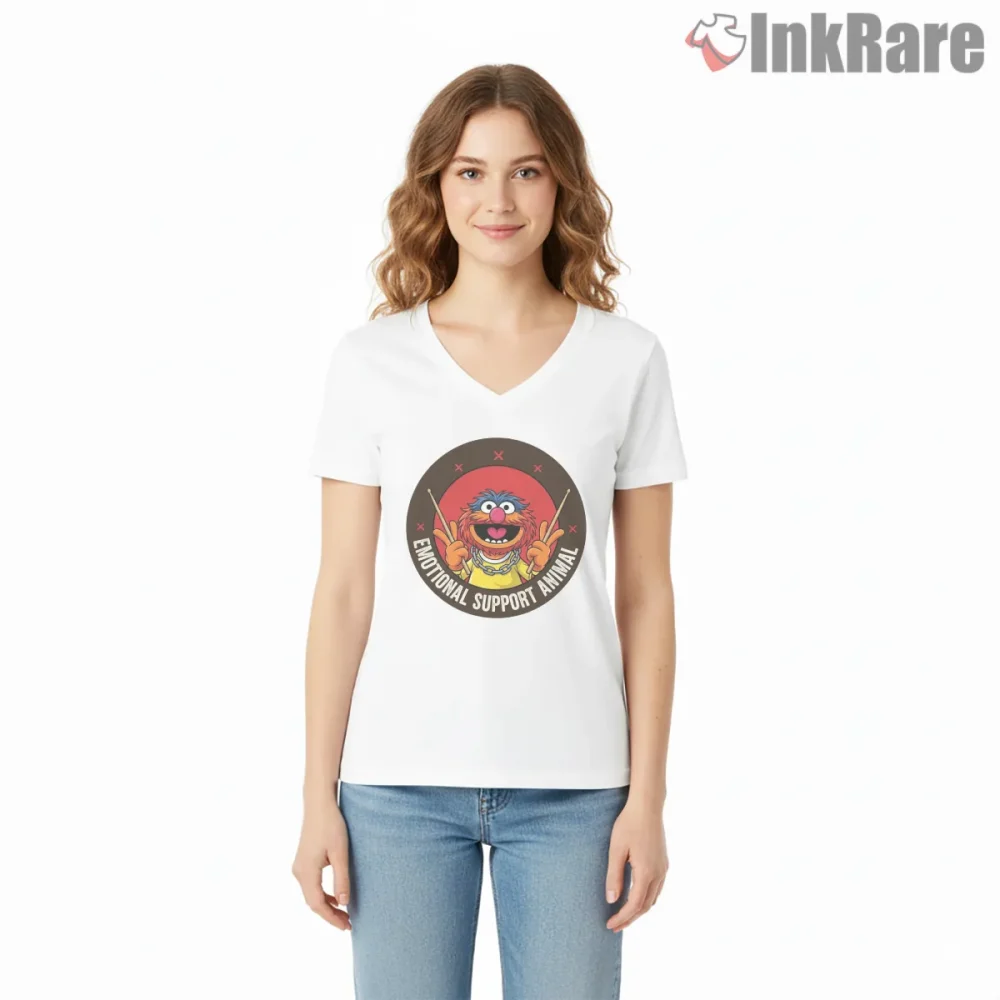 Animal Emotional Support Rock Star Circle Badge Shirt on white v-neck shirt for women graphic tee