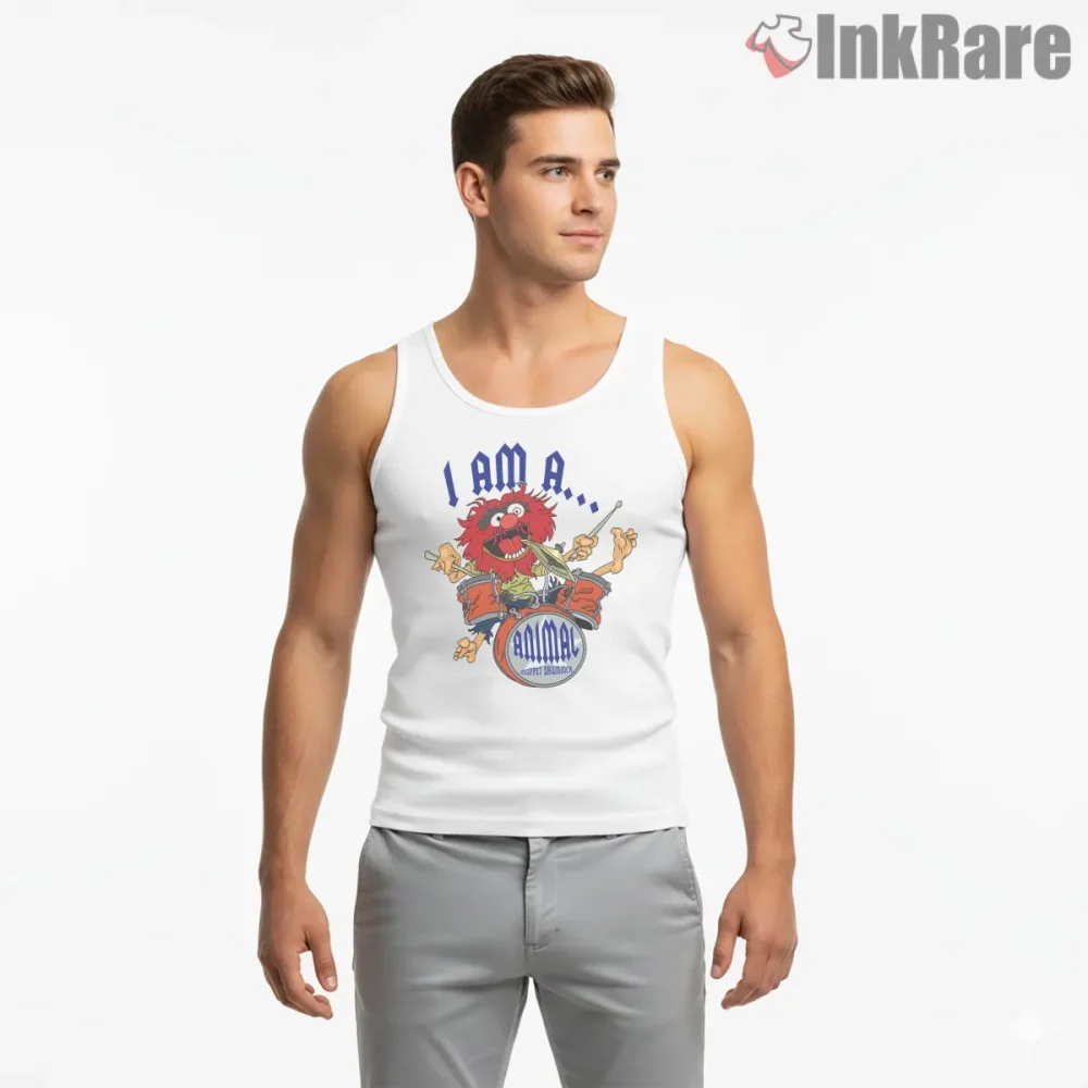 Animal I Am A Wild Drummer Energy Graphic Shirt on white tank top for men graphic tee