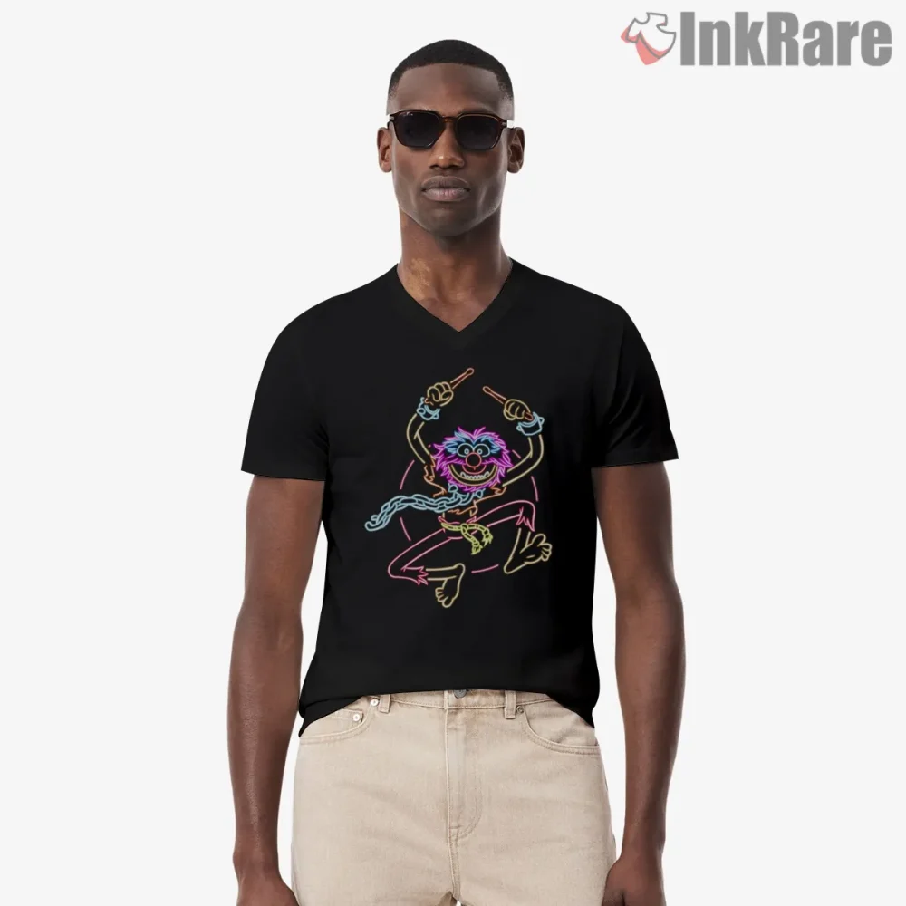Animal Neon Line Art Drummer Electric Style Shirt on black v-neck shirt for men graphic tee